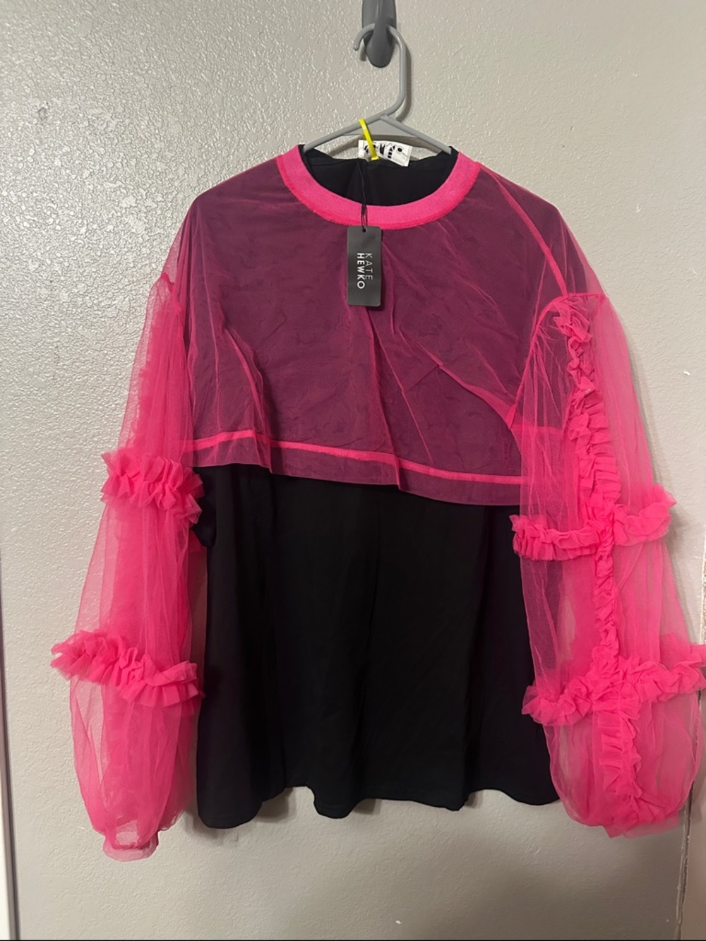 KEIKO Black Pullover Sweatshirt with Hot Pink Sheer Tulle Sleeves
